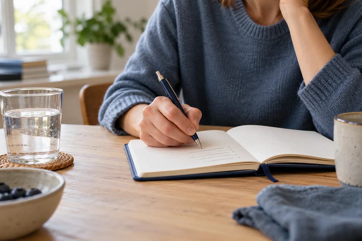 A hand holds a pen above an open notebook.
