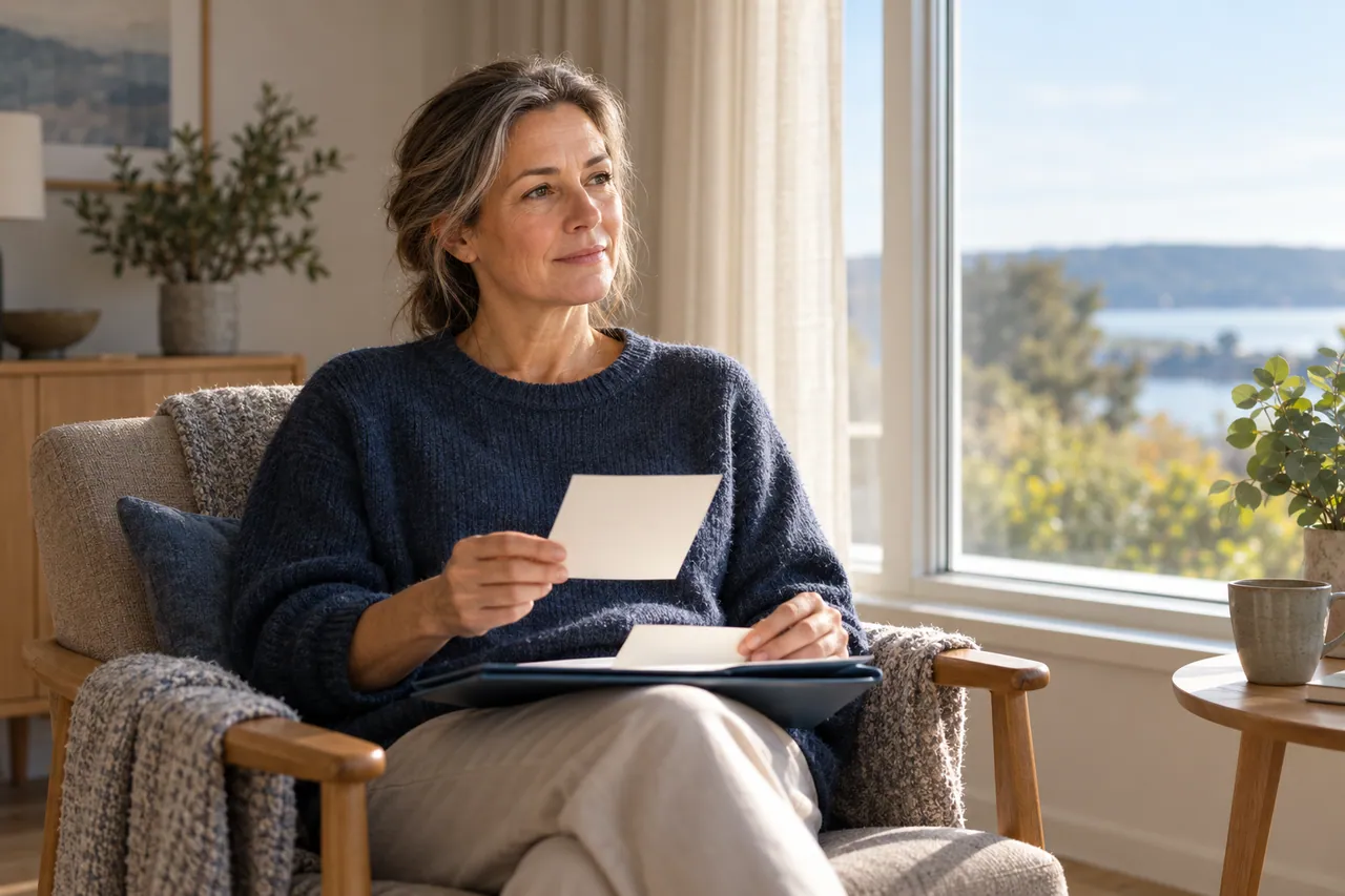 An adult gathers notes beside a window.