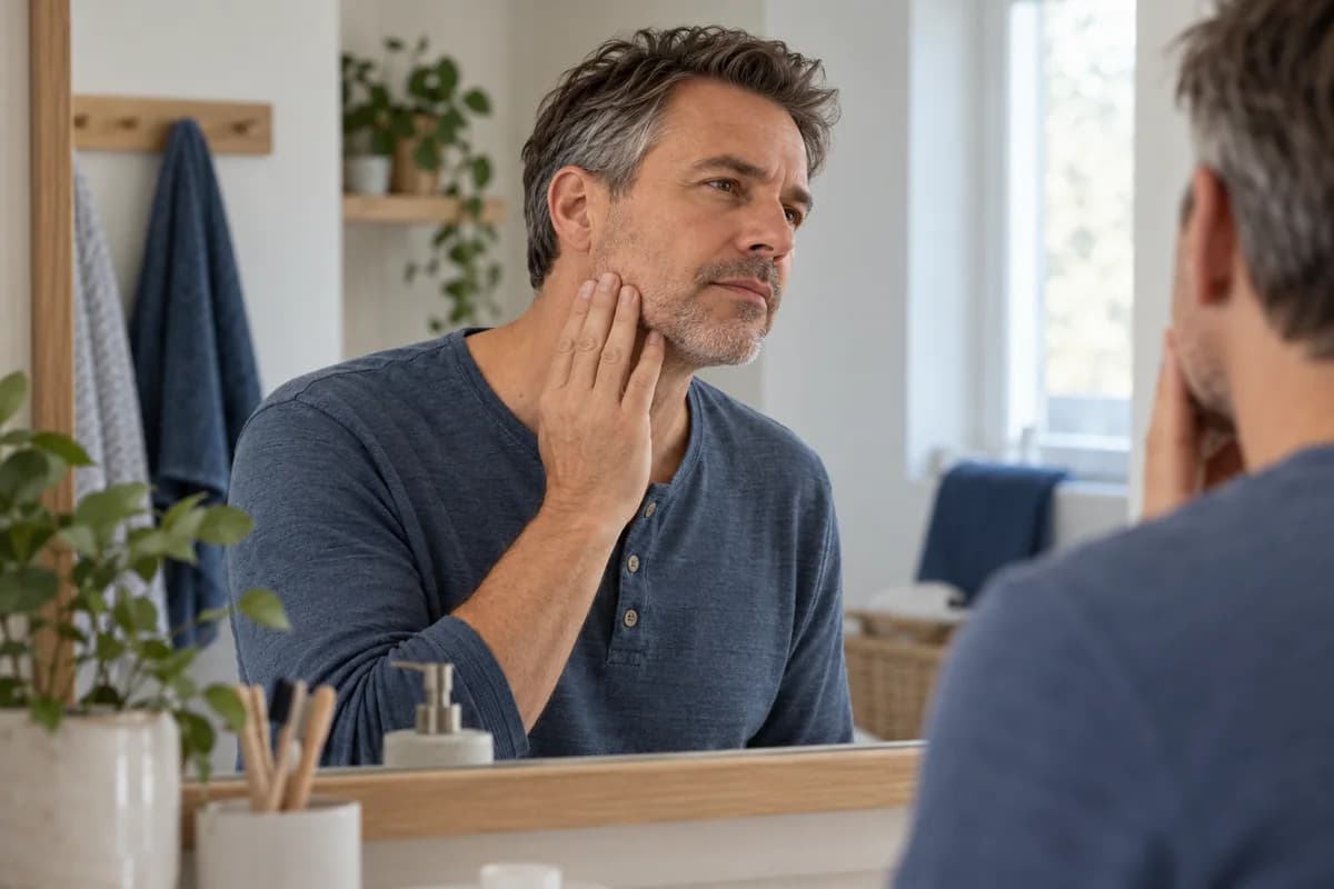An adult looks in a mirror with fingers resting beside the jaw.