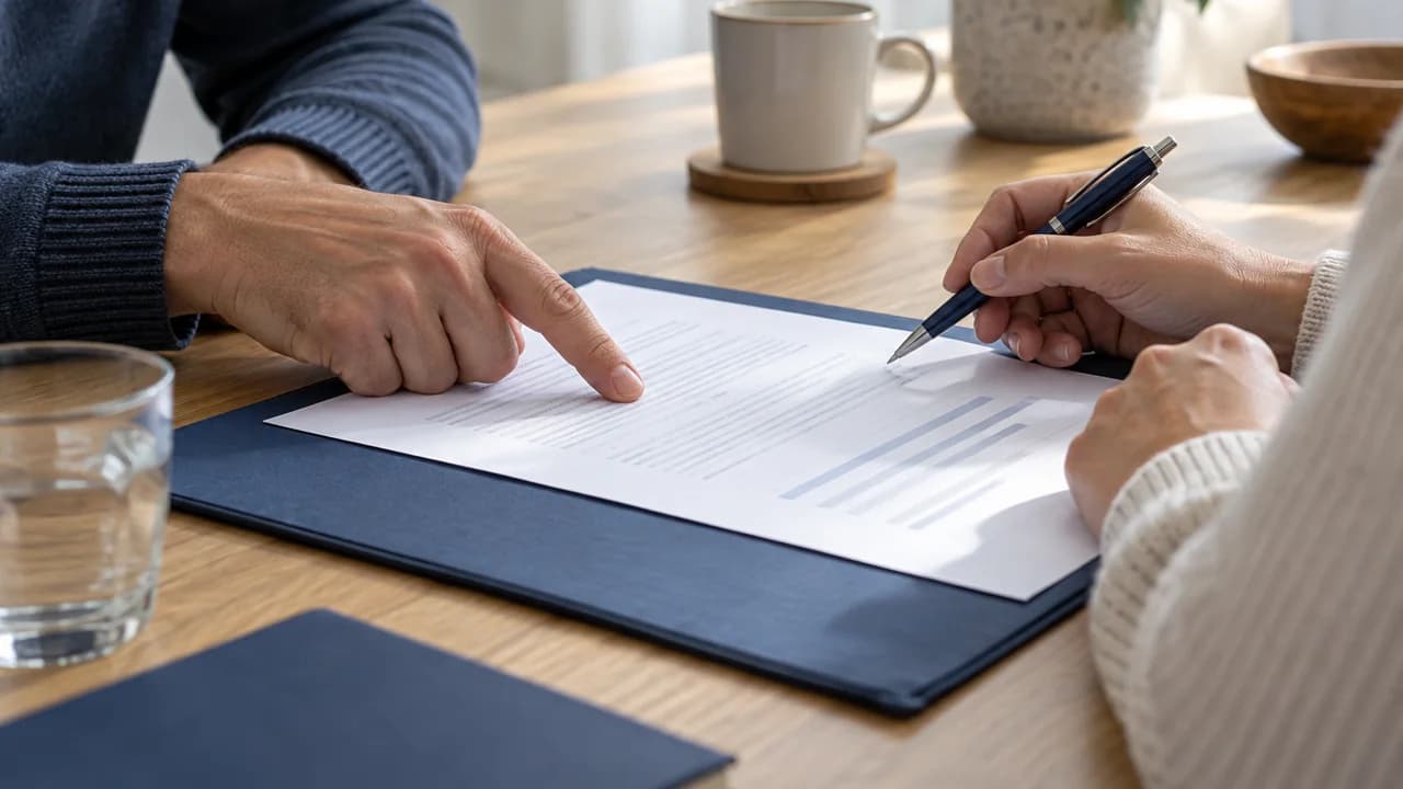 Hands with a pen review a document at a table.
