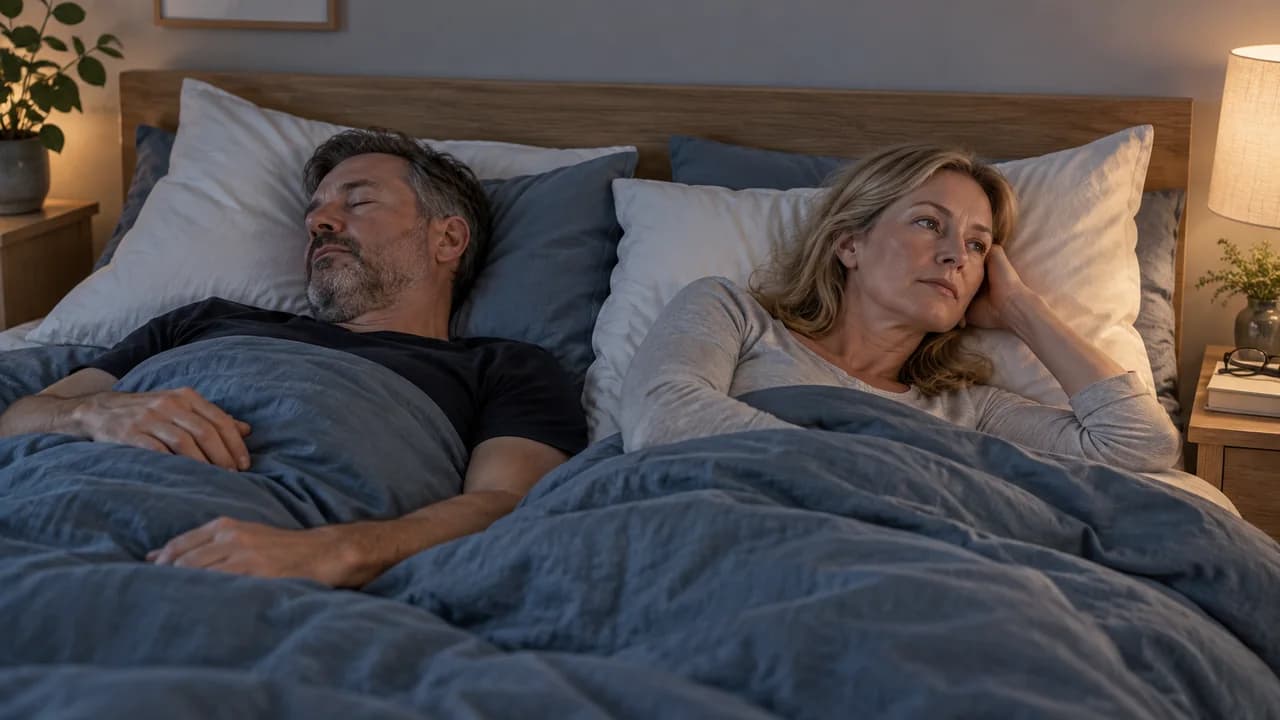 An adult lies awake beside a sleeping partner.
