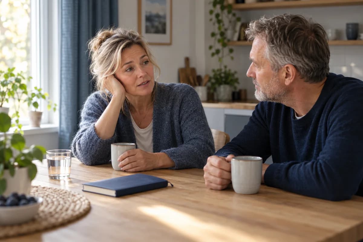Two adults talk at a table with a closed notebook.